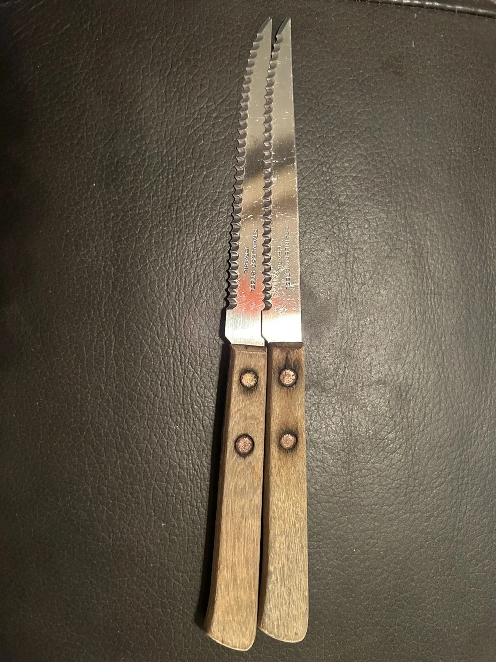 Two Vintage Stainless Steel Brasil Serrated Steak Knives Wood Handle MCM